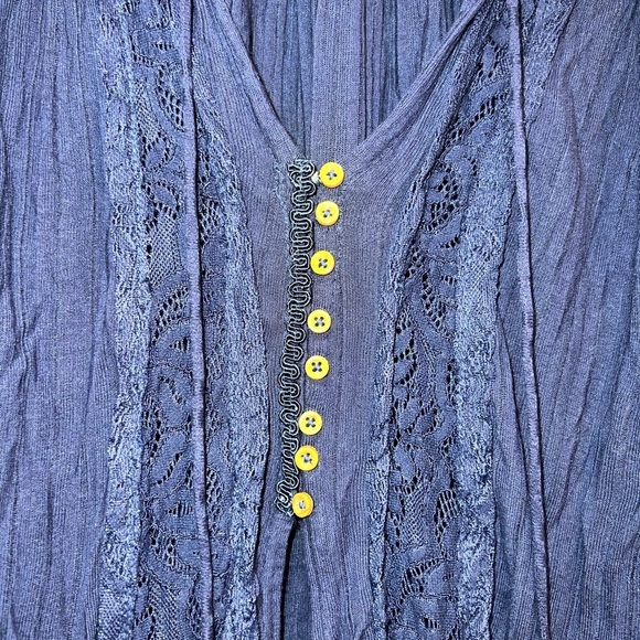 Free People Top M Georgia Lace Tunic Peasant Button Front Semi Sheer Navy Blue - Picture 4 of 13